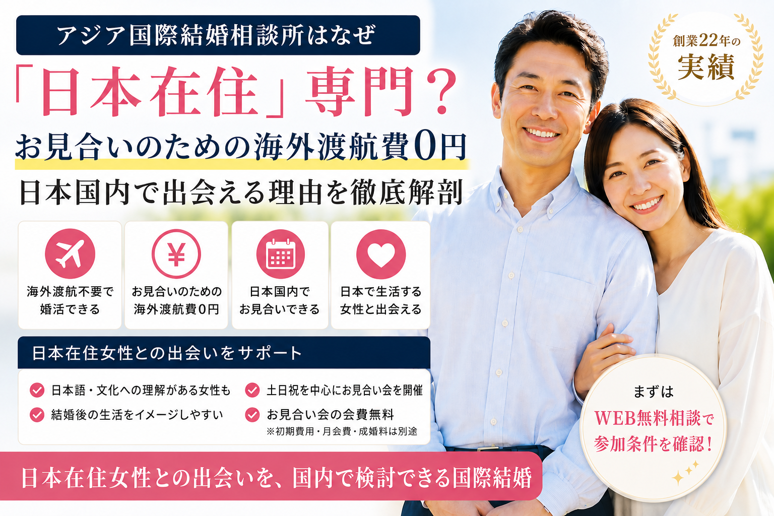 アジア国際結婚相談所の日本在住専門サービスと渡航不要で出会えるメリットを紹介するイメージ画像
