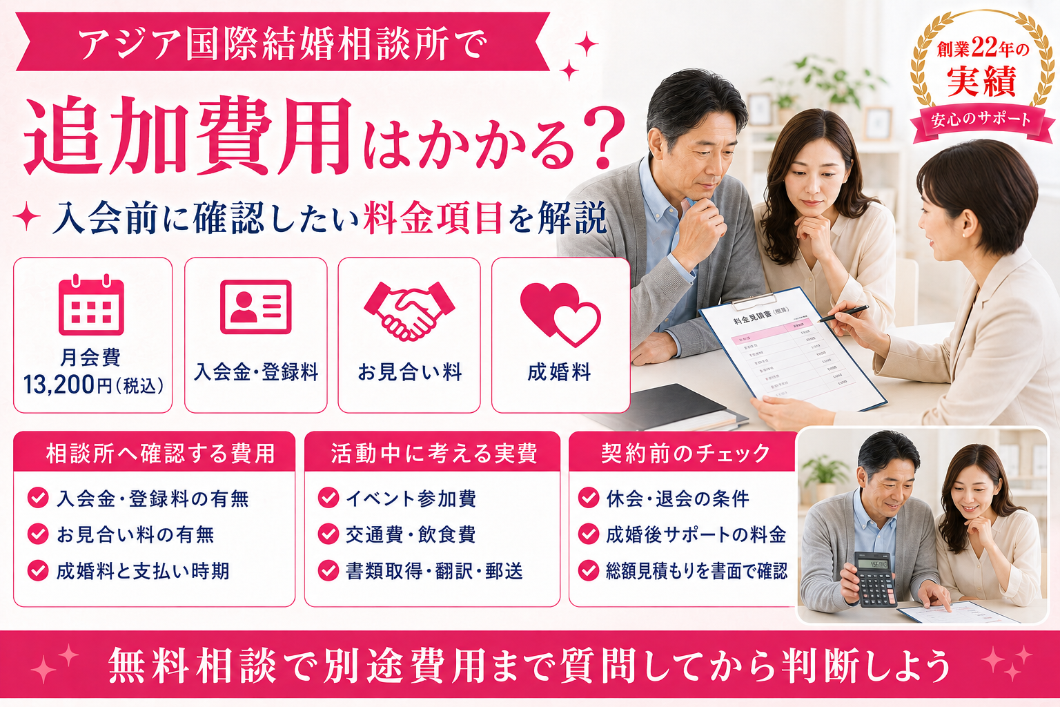 アジア国際結婚相談所の追加費用や月会費、入会金、お見合い料、成婚料を確認する男女