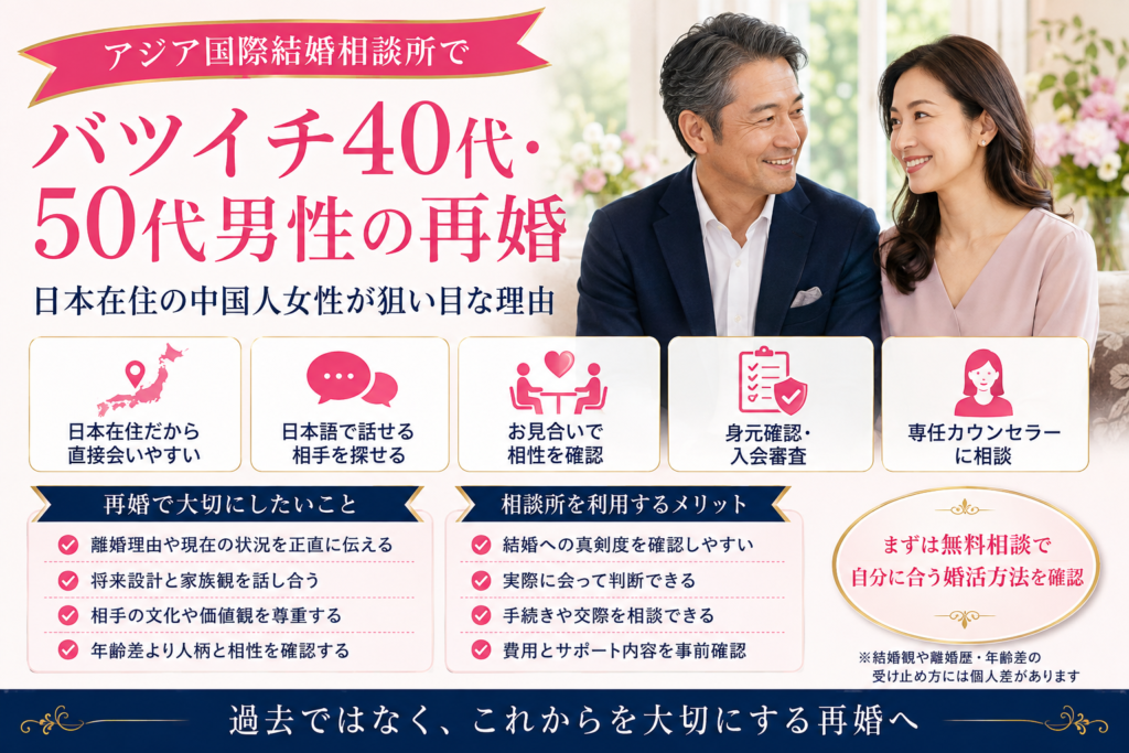 バツイチ40代・50代男性の再婚と、日本在住の中国人女性との出会いや結婚相談所の利用ポイントを解説するイメージ画像