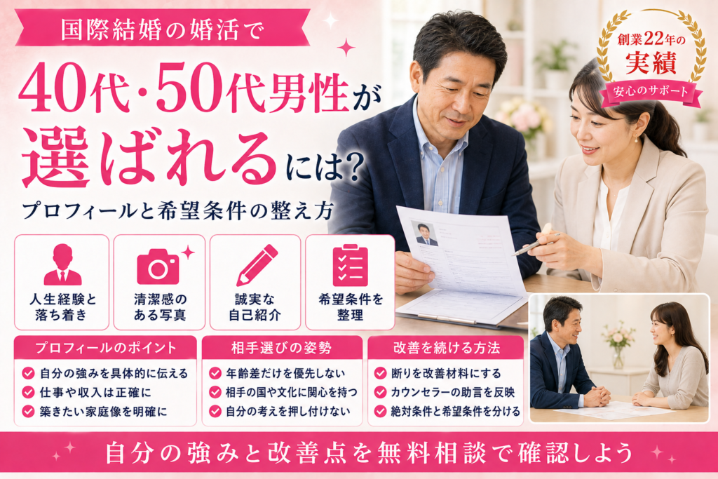 40代・50代男性が国際結婚の婚活で選ばれるためのプロフィールと希望条件の整え方を紹介するイメージ画像