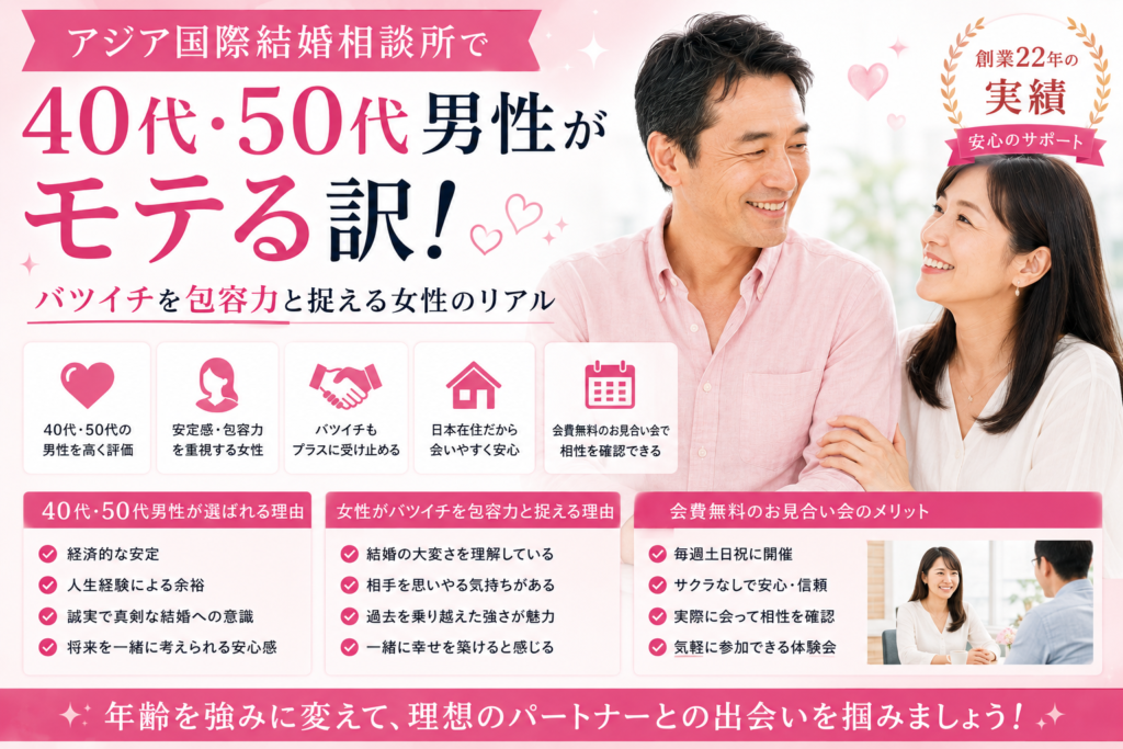 アジア国際結婚相談所で40代・50代男性が年齢を強みに婚活できる魅力を紹介するイメージ画像