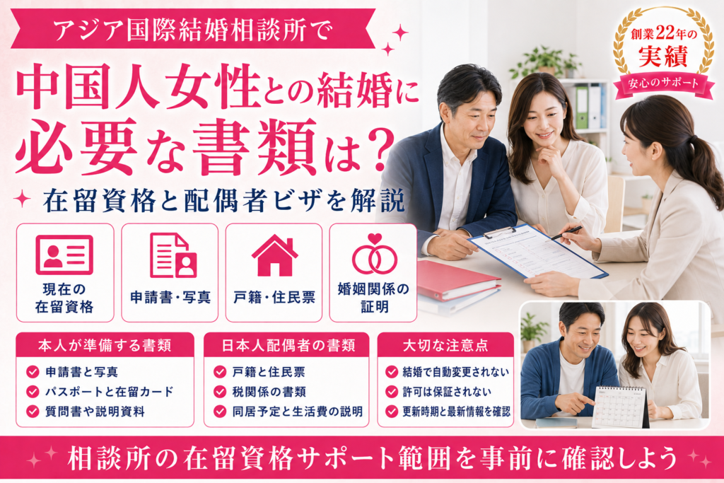 アジア国際結婚相談所で中国人女性との結婚に必要な書類や在留資格、配偶者ビザについて相談する男女