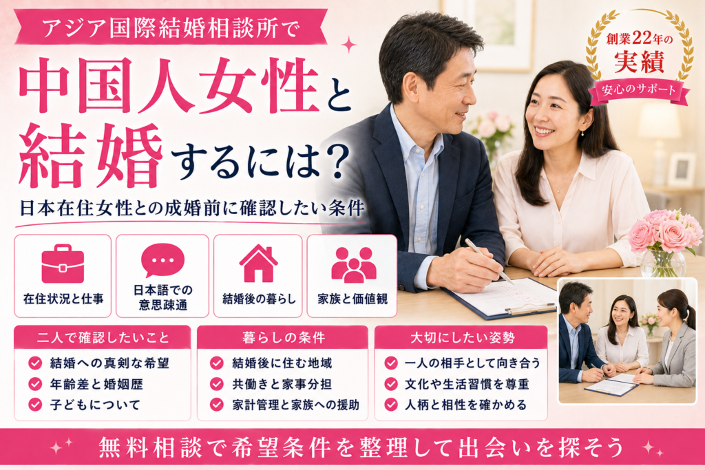 アジア国際結婚相談所で中国人女性との成婚前に確認したい条件を紹介するイメージ画像