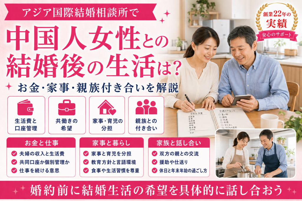 アジア国際結婚相談所で中国人女性との結婚後のお金・家事・親族付き合いを紹介するイメージ画像