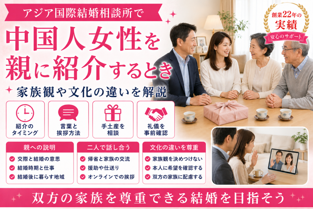 アジア国際結婚相談所で中国人女性を親に紹介するときのポイントと家族観・文化の違いを紹介するイメージ画像