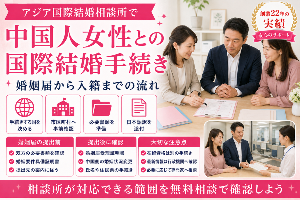 アジア国際結婚相談所で中国人女性との国際結婚手続きと婚姻届から入籍までの流れを紹介するイメージ画像