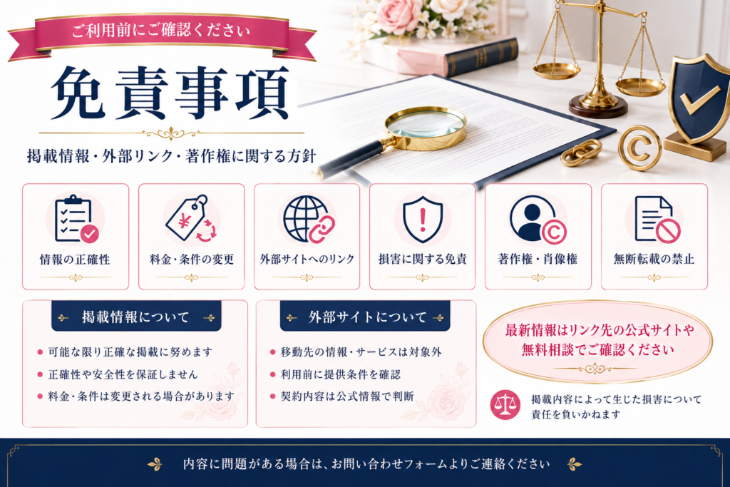 掲載情報の正確性や外部リンク、著作権、損害に関する免責事項を案内するイメージ画像