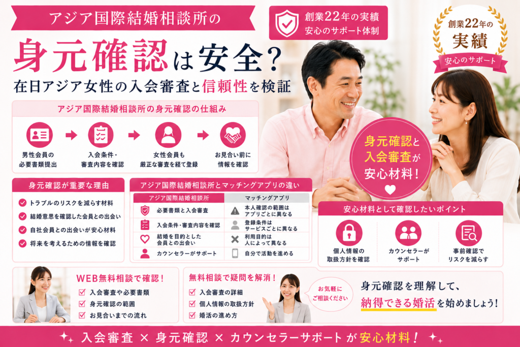 
アジア国際結婚相談所の身元確認や入会審査、安全性について分かりやすく紹介するイメージ画像