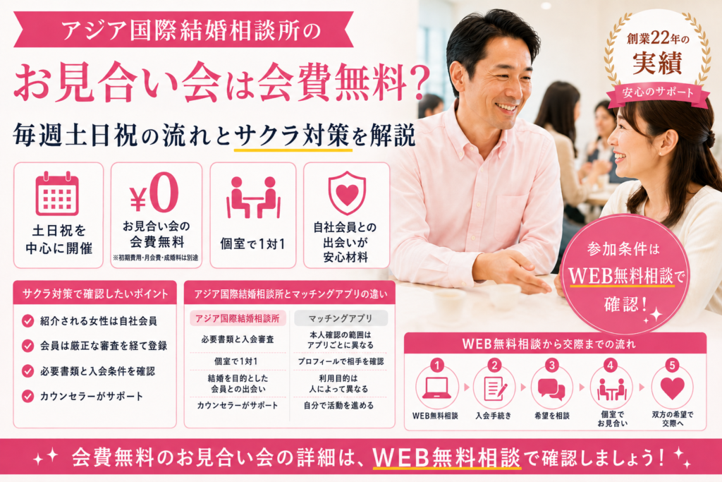 アジア国際結婚相談所の会費無料お見合い会や安心して参加できる出会いの流れを紹介するイメージ画像

