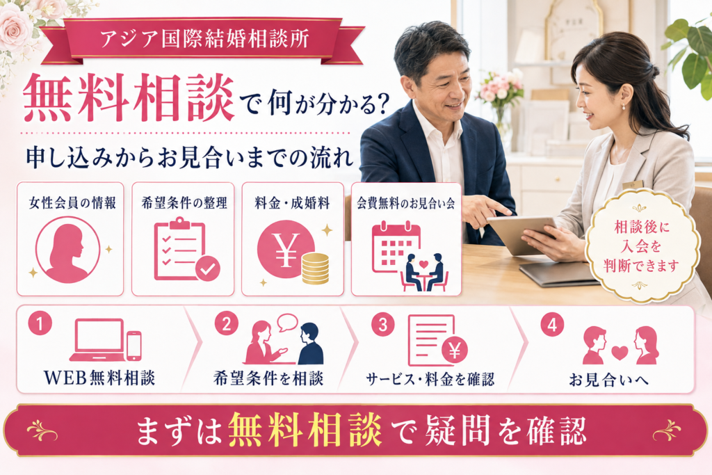 アジア国際結婚相談所の無料相談で確認できる内容と、お見合いまでの流れを説明するイメージ画像