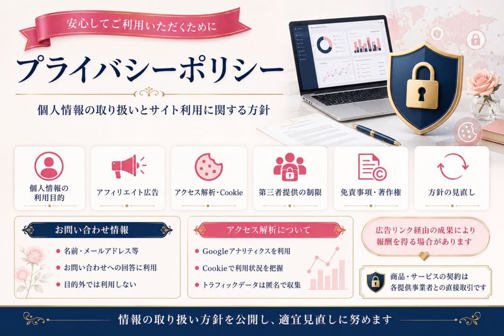 個人情報の利用目的や広告配信、Cookie、アクセス解析の方針を解説するイメージ画像
