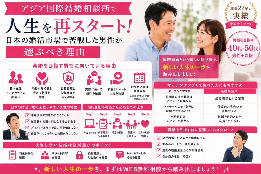 アジア国際結婚相談所で40代・50代男性が再婚に向けて新しい出会いを目指す方法を紹介するイメージ画像