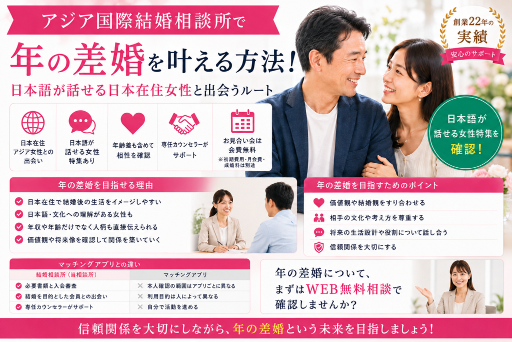 アジア国際結婚相談所で日本語が通じる日本在住女性との年の差婚を目指す方法を紹介するイメージ画像