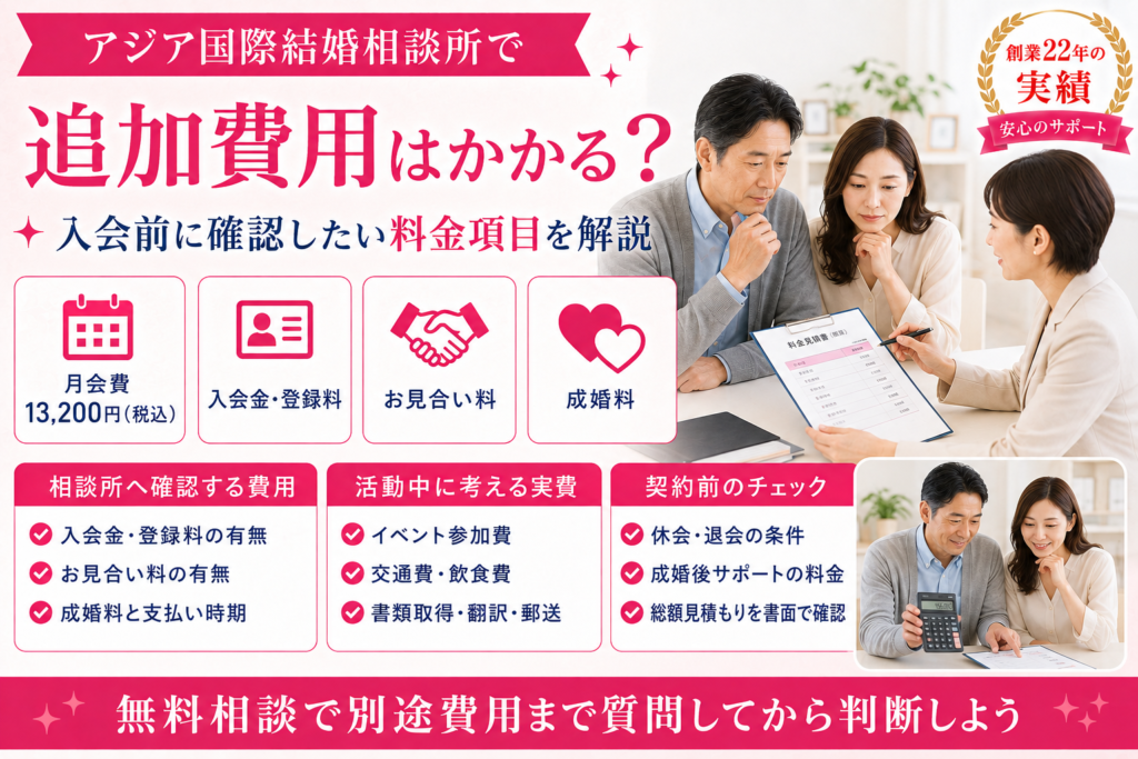アジア国際結婚相談所の追加費用や月会費、入会金、お見合い料、成婚料を確認する男女