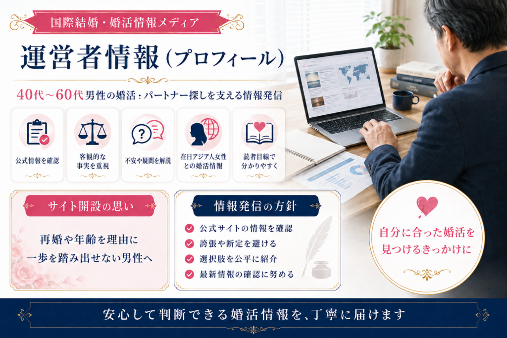 40代〜60代男性の婚活を支える情報メディアの運営方針とプロフィールを紹介するイメージ画像
